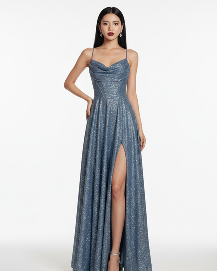 Blaues Glitzerkleid Lang Spaghetti - Ansicht 5