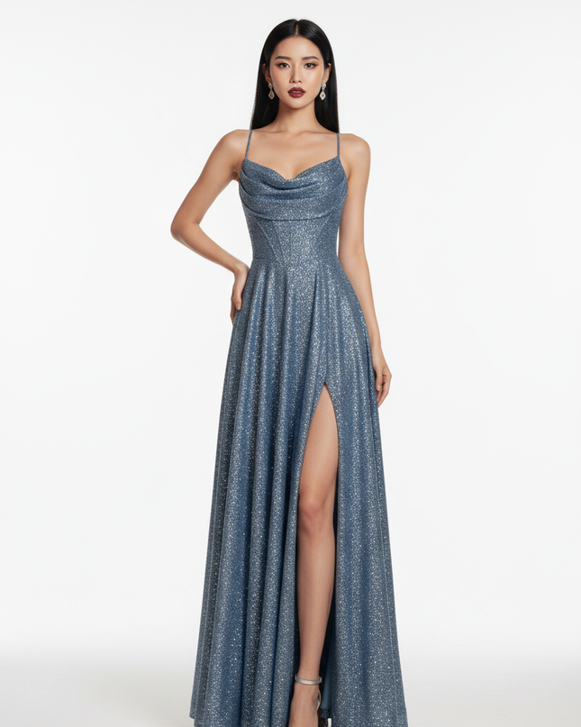 Blaues Glitzerkleid Lang Spaghetti - Ansicht 5