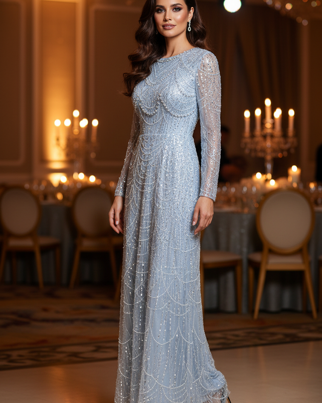 Blaues Glitzerkleid Langarm Perlen - Ansicht 1