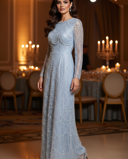 Blaues Glitzerkleid Langarm Perlen - Ansicht 3