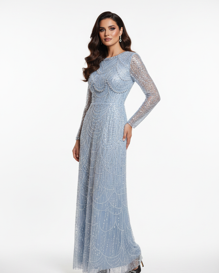 Blaues Glitzerkleid Langarm Perlen - Ansicht 5