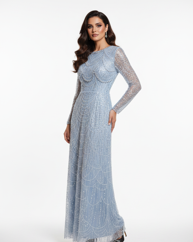 Blaues Glitzerkleid Langarm Perlen - Ansicht 5