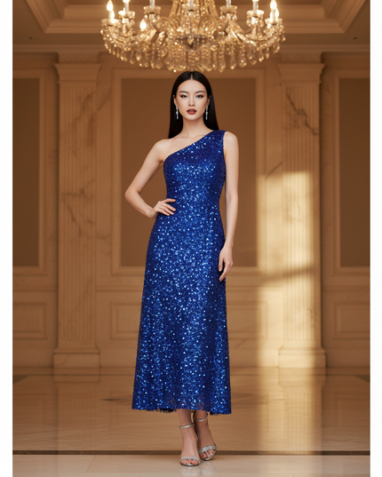 Blaues Glitzerkleid One-Shoulder Tuell - Ansicht 1