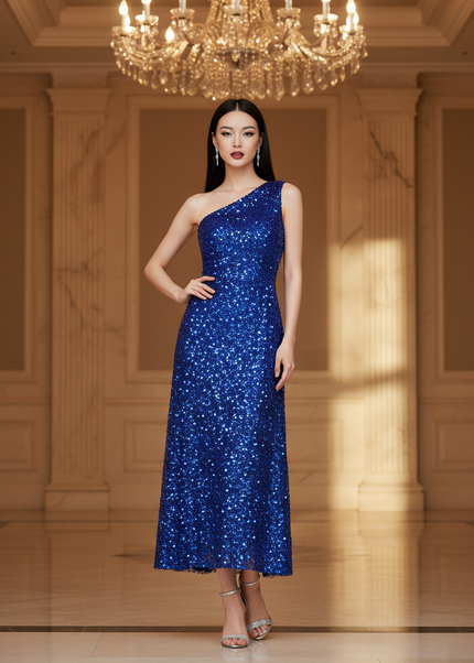 Blaues Glitzerkleid One-Shoulder Tuell - Ansicht 1