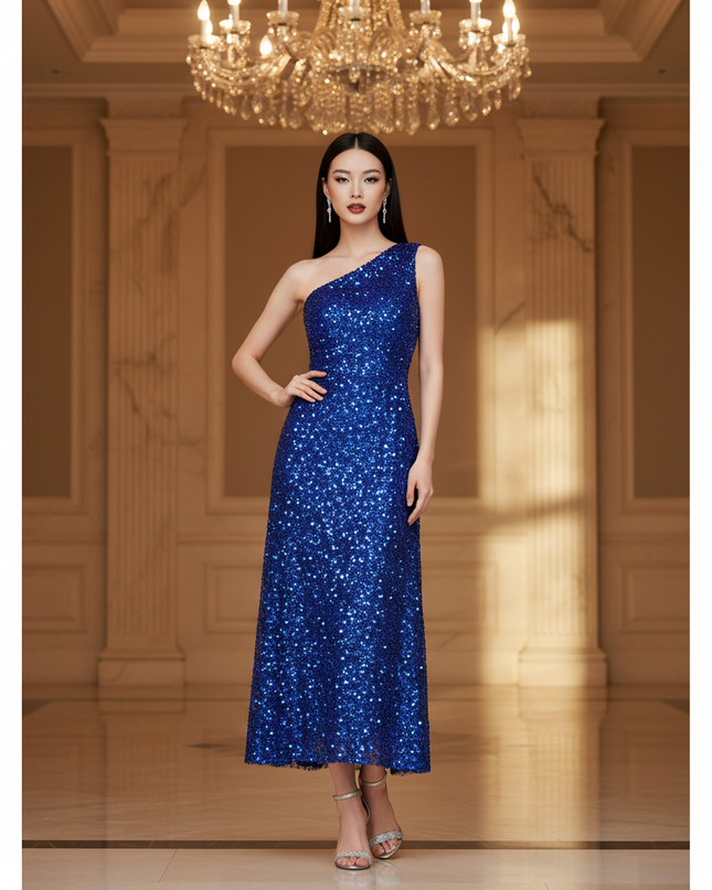 Blaues Glitzerkleid One-Shoulder Tuell - Ansicht 1