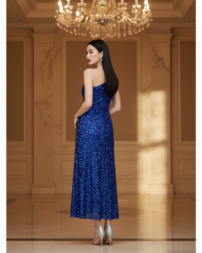 Blaues Glitzerkleid One-Shoulder Tuell - Ansicht 2