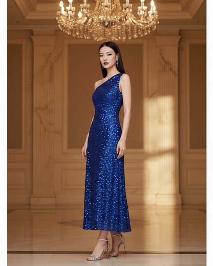 Blaues Glitzerkleid One-Shoulder Tuell - Ansicht 3