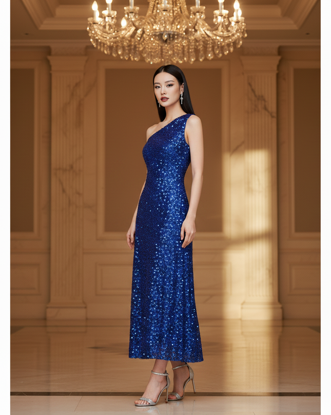 Blaues Glitzerkleid One-Shoulder Tuell - Ansicht 3