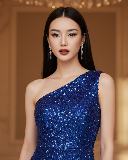 Blaues Glitzerkleid One-Shoulder Tuell - Ansicht 4