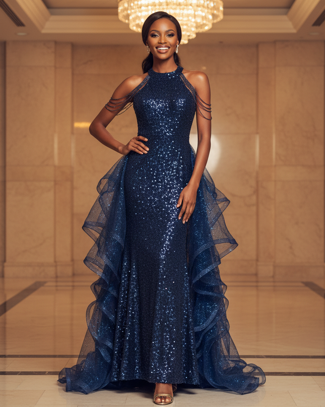 Blaues Tuell Glitzer Kleid Lang - Ansicht 1