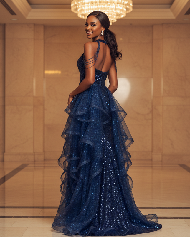 Blaues Tuell Glitzer Kleid Lang - Ansicht 2