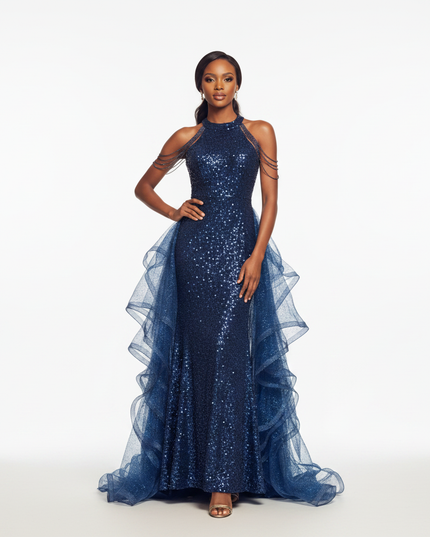 Blaues Tuell Glitzer Kleid Lang - Ansicht 5