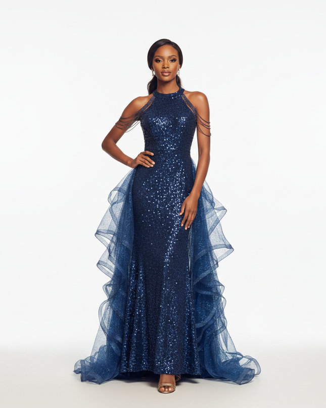 Blaues Tuell Glitzer Kleid Lang - Ansicht 5