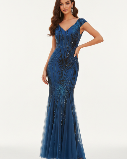 Blaues Glitzer-Meerjungfraukleid V-Neck - Ansicht 5