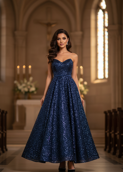 Blaues langes Kleid mit Glitzer A-Linie - Ansicht 1