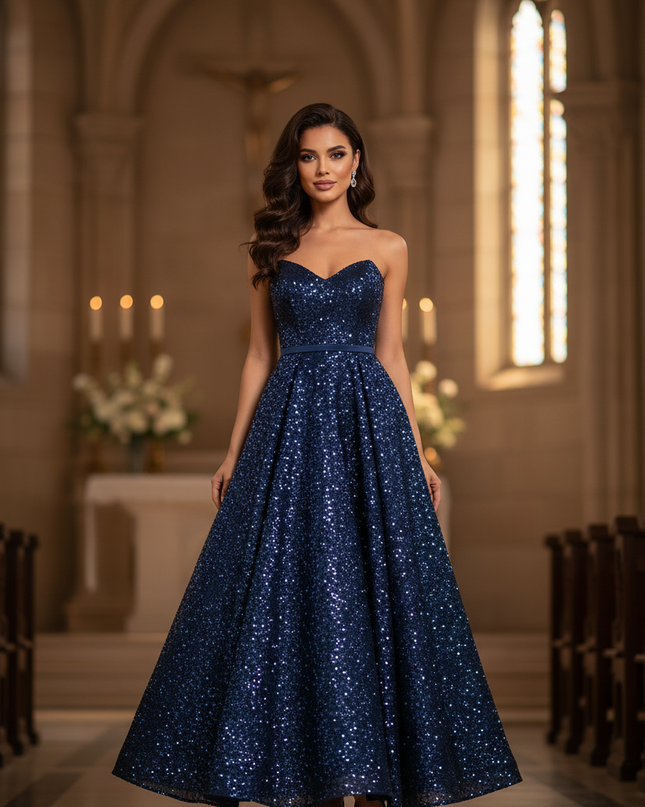 Blaues langes Kleid mit Glitzer A-Linie - Ansicht 1