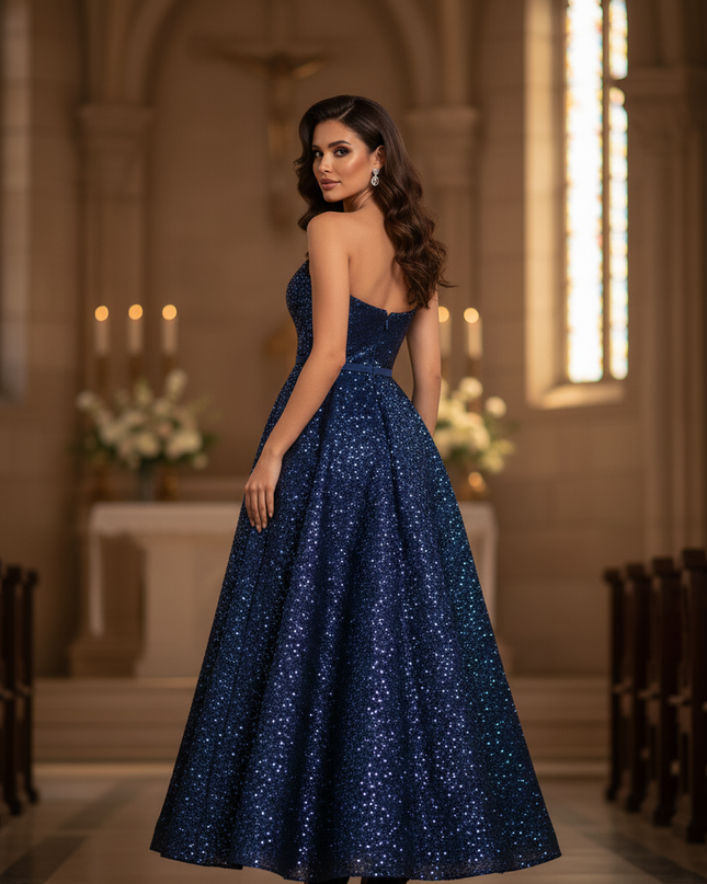 Blaues langes Kleid mit Glitzer A-Linie - Ansicht 2