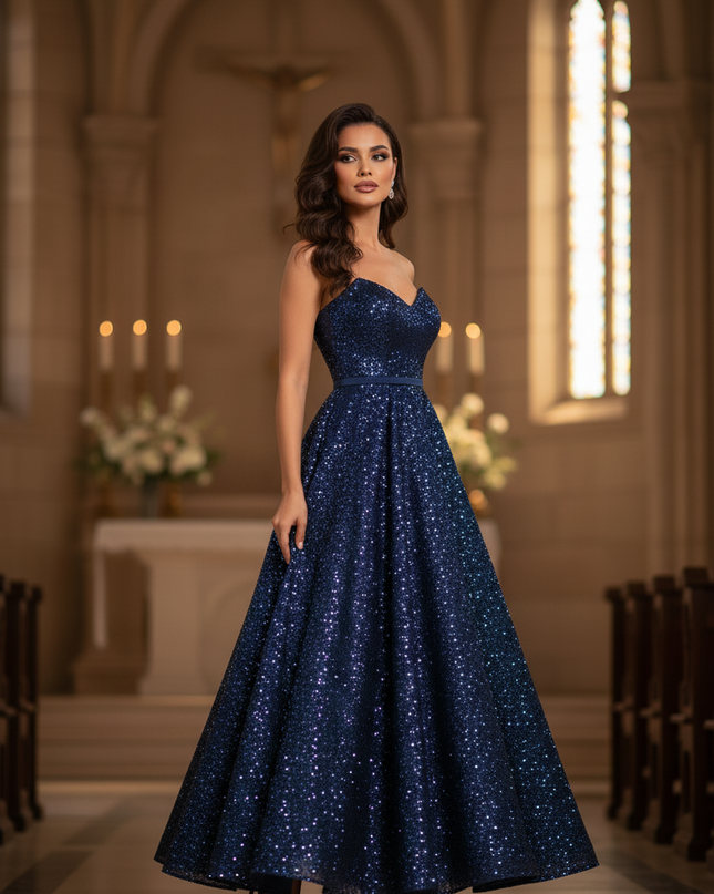 Blaues langes Kleid mit Glitzer A-Linie - Ansicht 3