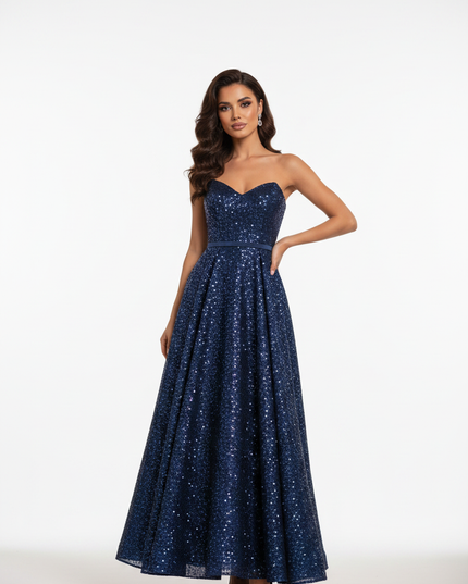 Blaues langes Kleid mit Glitzer A-Linie - Ansicht 5