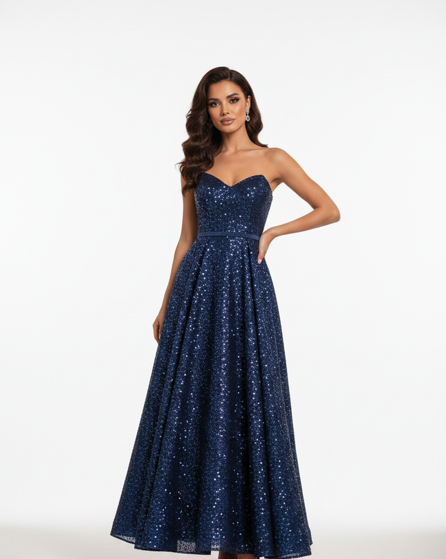 Blaues langes Kleid mit Glitzer A-Linie - Ansicht 5