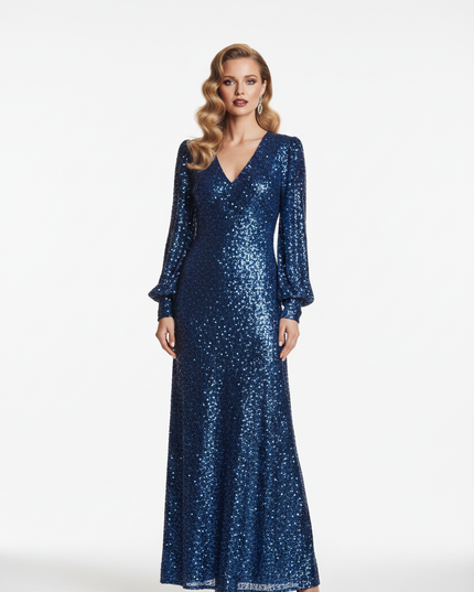 Blaues Pailletten Abendkleid Langarm - Ansicht 5