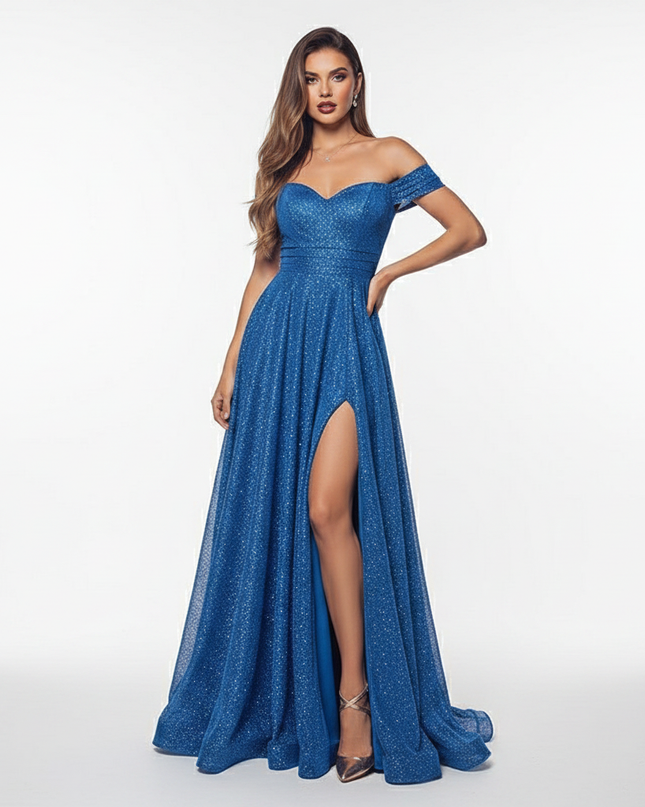 Blaues Paillettenkleid Off-Shoulder Lang - Ansicht 5
