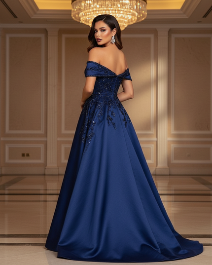 Blaues Satin Glitzer Kleid Lang - Ansicht 2