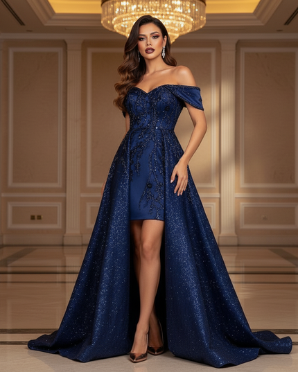 Blaues Satin Glitzer Kleid Lang - Ansicht 3