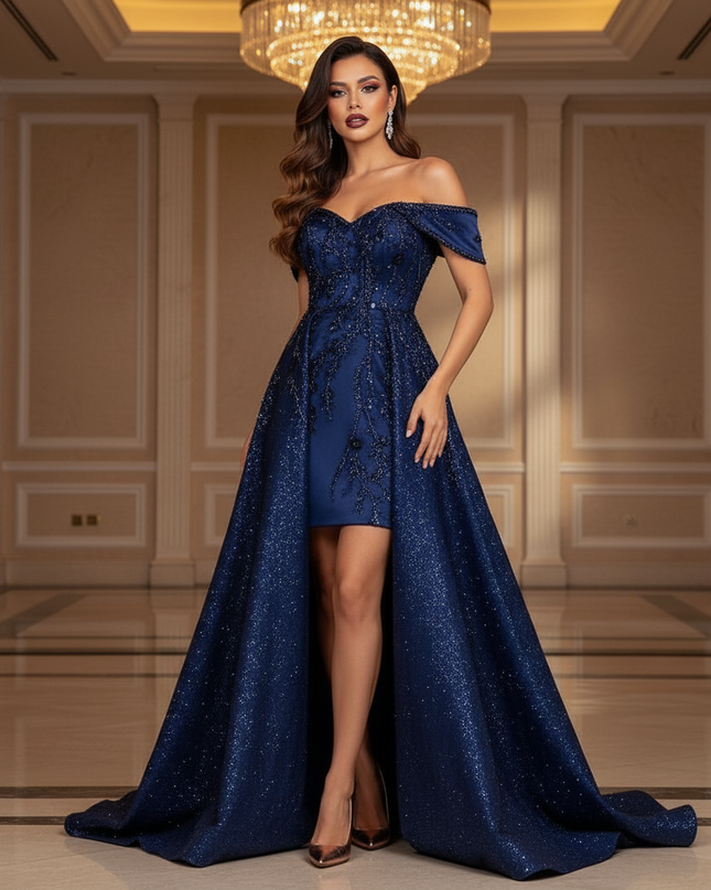 Blaues Satin Glitzer Kleid Lang - Ansicht 3