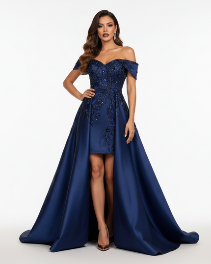 Blaues Satin Glitzer Kleid Lang - Ansicht 5