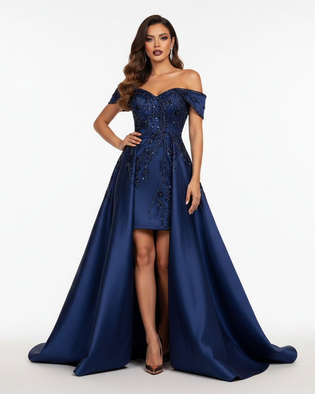 Blaues Satin Glitzer Kleid Lang - Ansicht 5