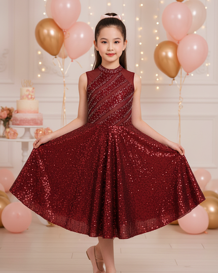 Bordeaux Glitzer Abendkleid Mädchen - Ansicht 1