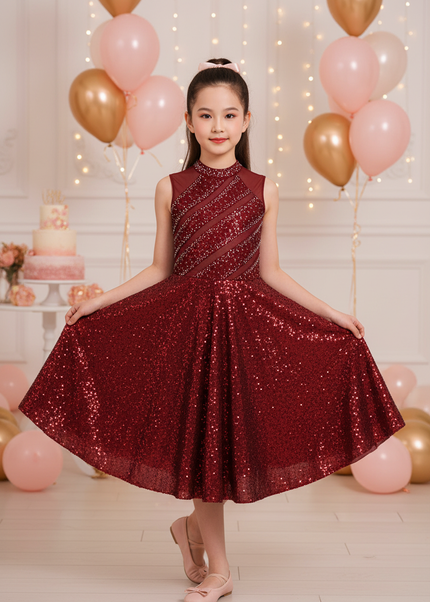 Bordeaux Glitzer Abendkleid Mädchen - Ansicht 1