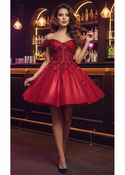 Bordeaux Glitzer Ballkleid Kurz - Ansicht 1