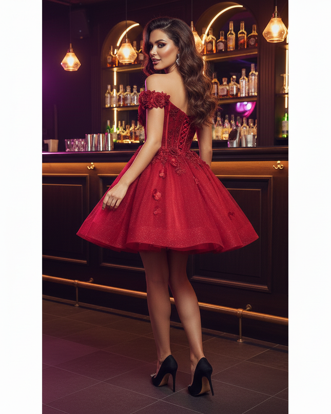 Bordeaux Glitzer Ballkleid Kurz - Ansicht 2