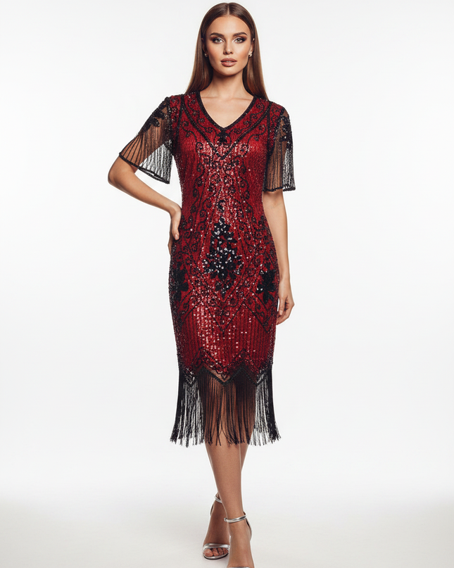 Bordeaux Glitzer Kleid mit Fransen - Ansicht 5