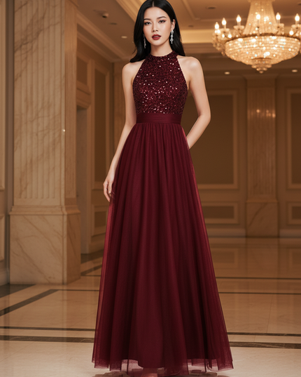 Bordeaux Glitzerkleid Lang Neckholder - Ansicht 1