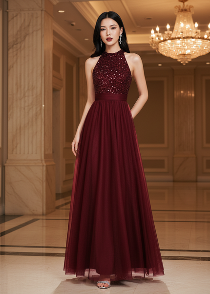 Bordeaux Glitzerkleid Lang Neckholder - Ansicht 1