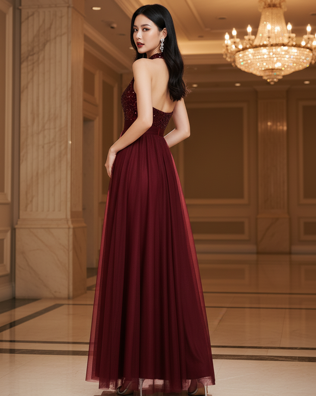Bordeaux Glitzerkleid Lang Neckholder - Ansicht 2