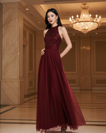 Bordeaux Glitzerkleid Lang Neckholder - Ansicht 3