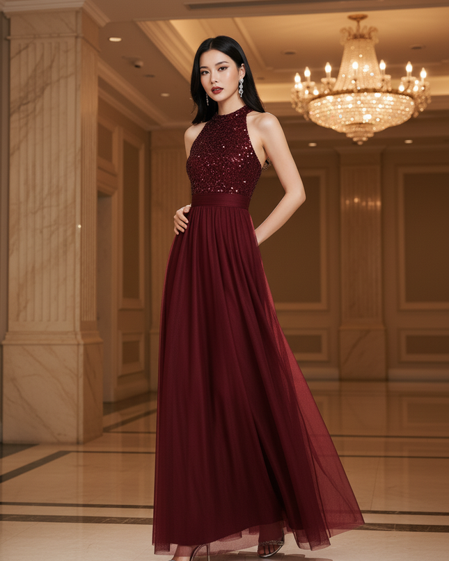 Bordeaux Glitzerkleid Lang Neckholder - Ansicht 3