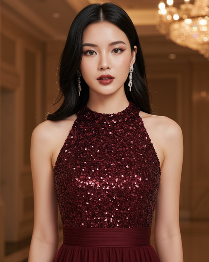 Bordeaux Glitzerkleid Lang Neckholder - Ansicht 4
