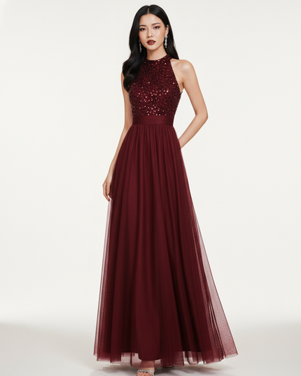 Bordeaux Glitzerkleid Lang Neckholder - Ansicht 5