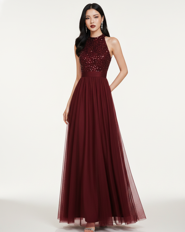 Bordeaux Glitzerkleid Lang Neckholder - Ansicht 5