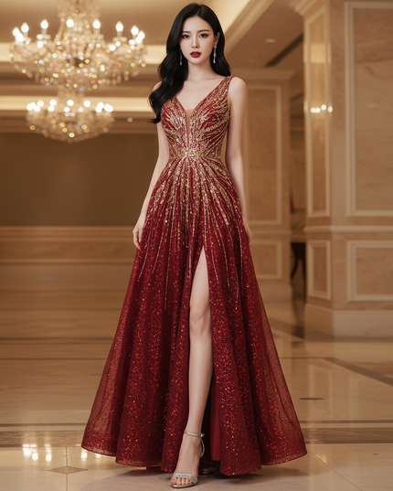 Bordeaux Pailletten Kleid Lang - Ansicht 1