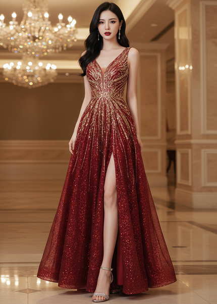 Bordeaux Pailletten Kleid Lang - Ansicht 1