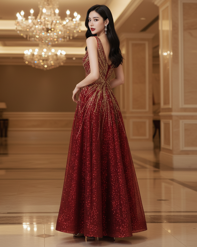 Bordeaux Pailletten Kleid Lang - Ansicht 2