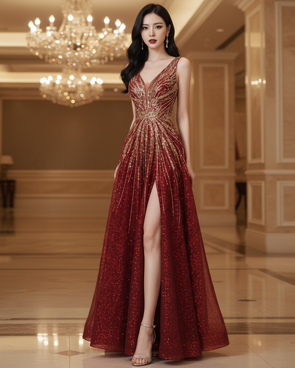 Bordeaux Pailletten Kleid Lang - Ansicht 3