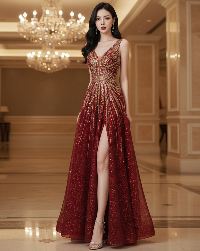 Bordeaux Pailletten Kleid Lang - Ansicht 3