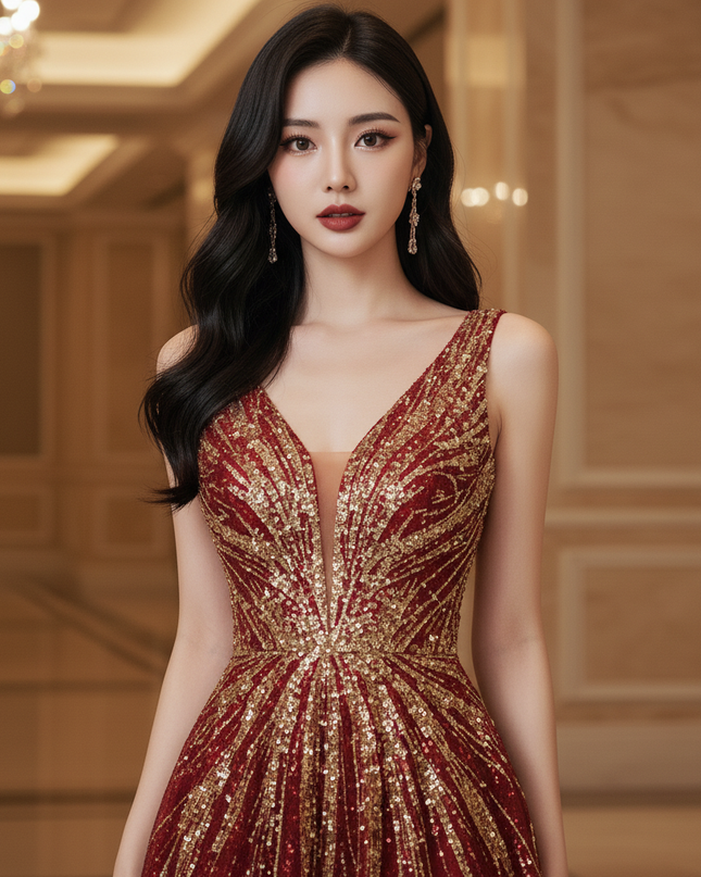 Bordeaux Pailletten Kleid Lang - Ansicht 4